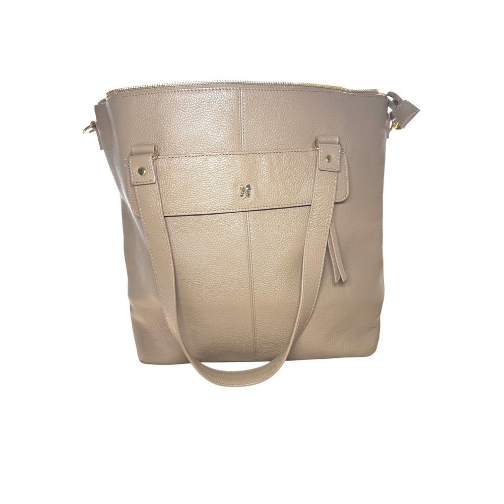 ORA DELPHINE Taupe Pebble Leather Tote‎ Bag Shoulder Bag Gold Butterfly Logo